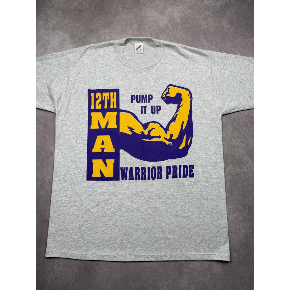 VTG 90s Jerzees 12th Man Pump It Up Warrior Pride T-Shirt Mens XL Gray USA Gold